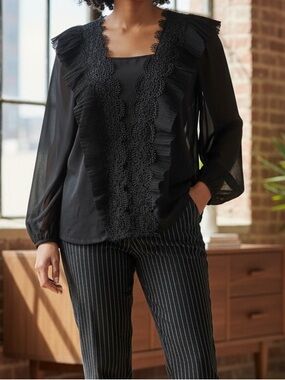 Marc New York Elegant Women’s Black Ruffle-Trim Square Neck Sheer Sleeve Blouse